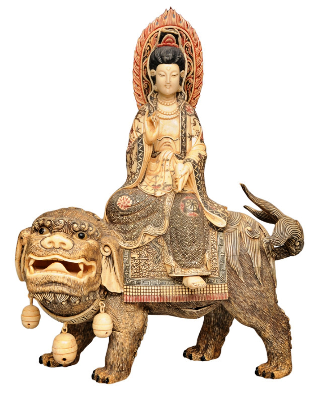 An unusual figurine 'Guanyin on a lion'