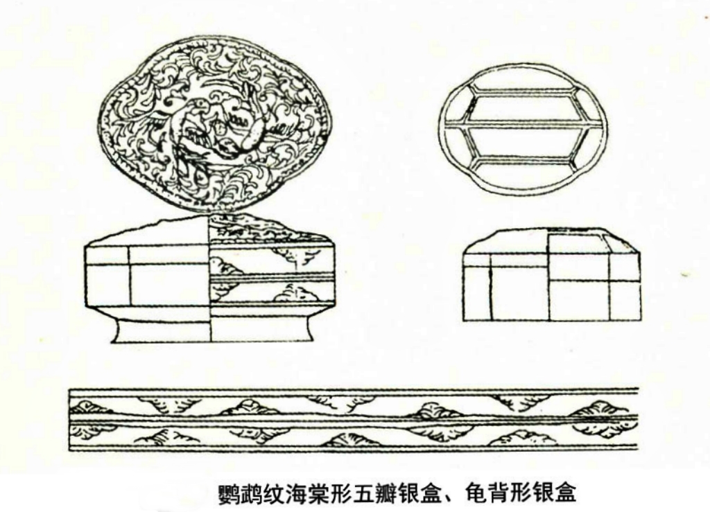 鹦鹉纹海棠形五瓣银盒、龟背形银盒