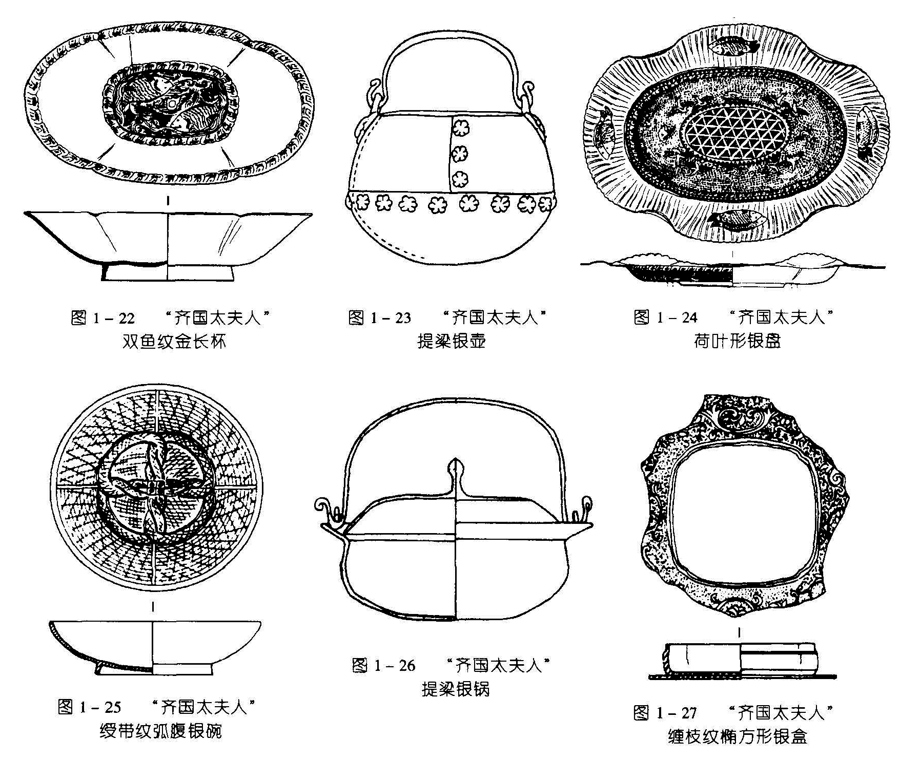 图1-22 “齐国太夫人” 双鱼纹金长杯 图1-23 “齐国太夫人” 提梁银壶 图1-24 “齐国太夫人” 荷叶形银盘 图1-26 “齐国太夫人” 提粱银锅 图1-25 “齐国太夫人” 绶带纹弧腹银碗 图 1 - 27 “齐国太夫人” 缠枝紋椭方形银盒