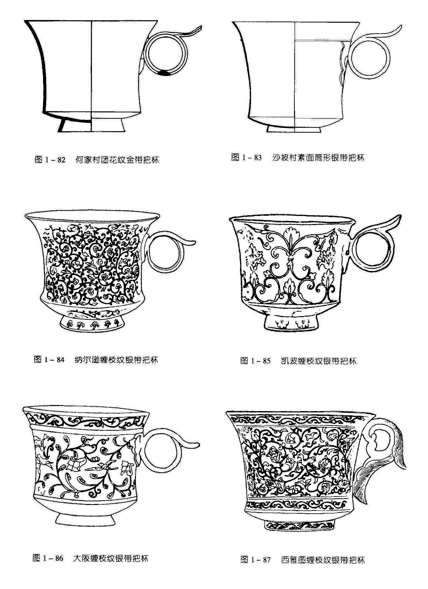 图1-82 何家村团花紋金带把杯 图1-83 沙坡村素面商形银带把杯 图1-84 纳尔逊缠枝纹织带把杯 图1-85 凯波缠枝纹银带把杯 图1-86 大阪缠枝纹银帶把杯 图1-87 西雅图缠枝纹银带把杯