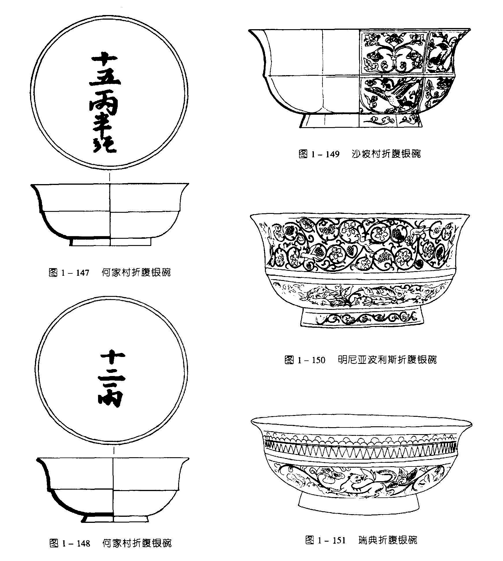 图1-149 沙坡村折腹银碗 图1-147 何家村折腹银碗 图1-150 明尼亞波利斯折腹银碗 图1-148 何家村折腹银碗 图 1 - 151 瑞典折腹银碗