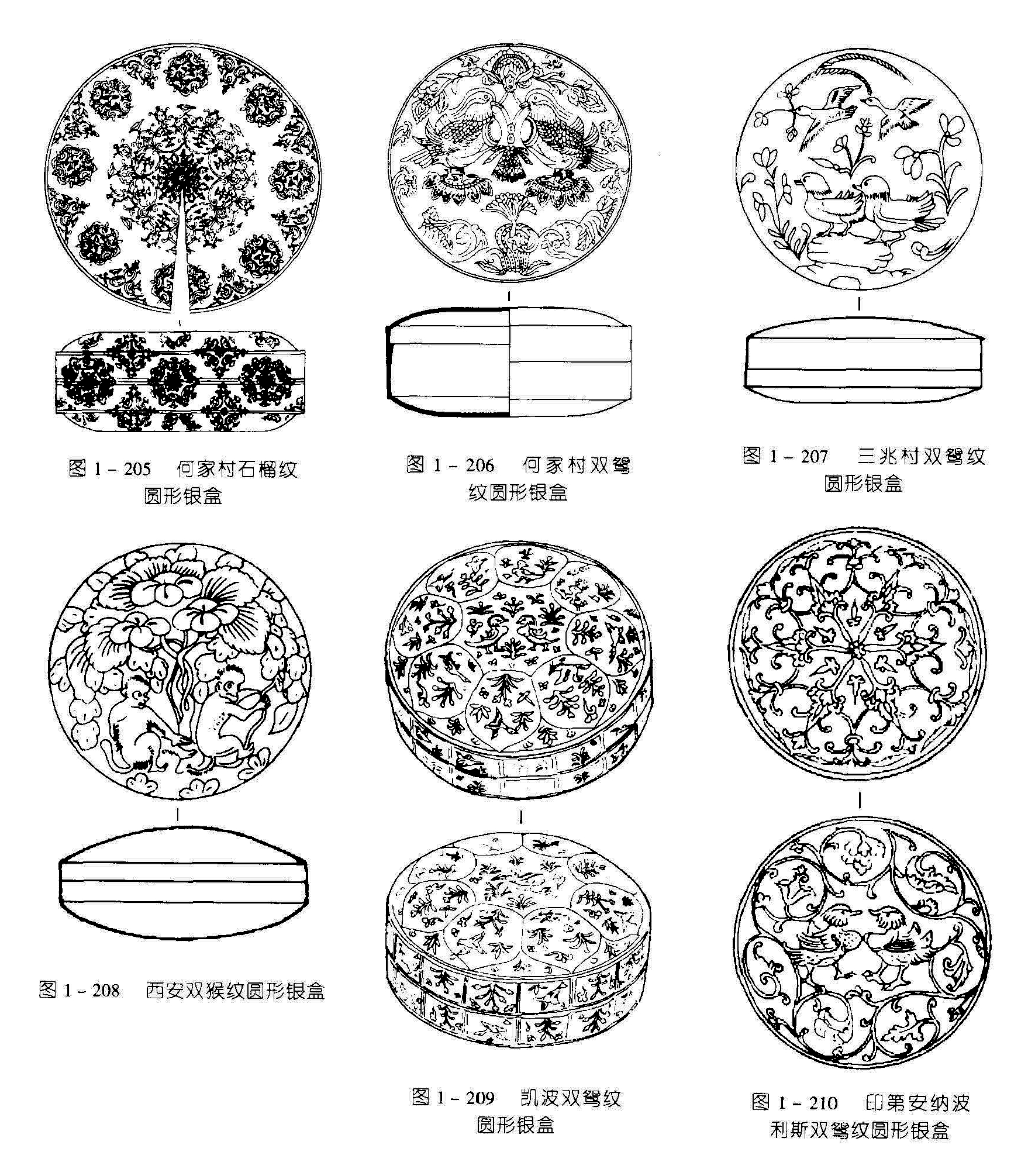 图1-205 何家村石榴纹圆形银盒 图1-206 何家村双鸳纹圆形银盒 图1-207 三兆村双鸳纹圆形桭盒 图1-208 西安双猴纹圆形银盒 图1-209 凯波双鸳纹 圆形银盒 图1-210 印第安纳波 利斯双鸳纹圆形表盒