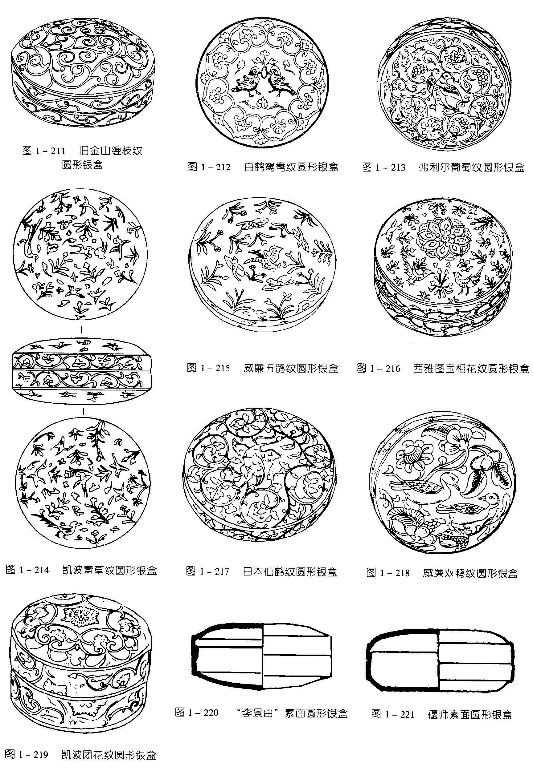 图1-211 旧金山缠枝纹 圆形银盒 图1-212 白鶴鸳鸯纹圆形银盒 图1-213 弗利尔葡萄纹圆形银盒 图1-215 威廉五鹊纹圆形银盒 图1-216 西雅图宝相花纹圆形银盒 图1-214 凯波萱草纹圆形银盒 图1 - 217 日本仙鹤纹圆形银盒 图1-218 威廉双鸭纹圆形盒 图1-220 “李景由”素面圆形银盒 图1-221 偃师素面圆形银盒 图1-219 凯波团花纹圆形银盒