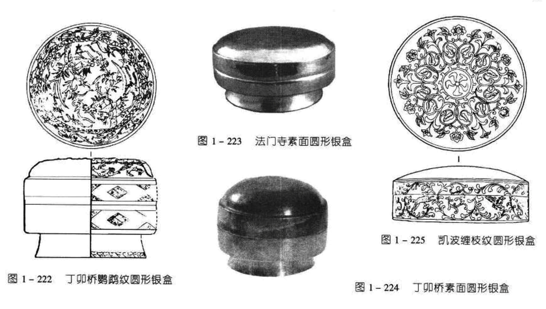 图1-223 法门寺素面圆形银盒 图1-225 凯波缠枝纹圆形银盒 图1-222 丁卯桥鹦鹉纹圆形银盒 图1-224 丁卯桥素面圆形银盒