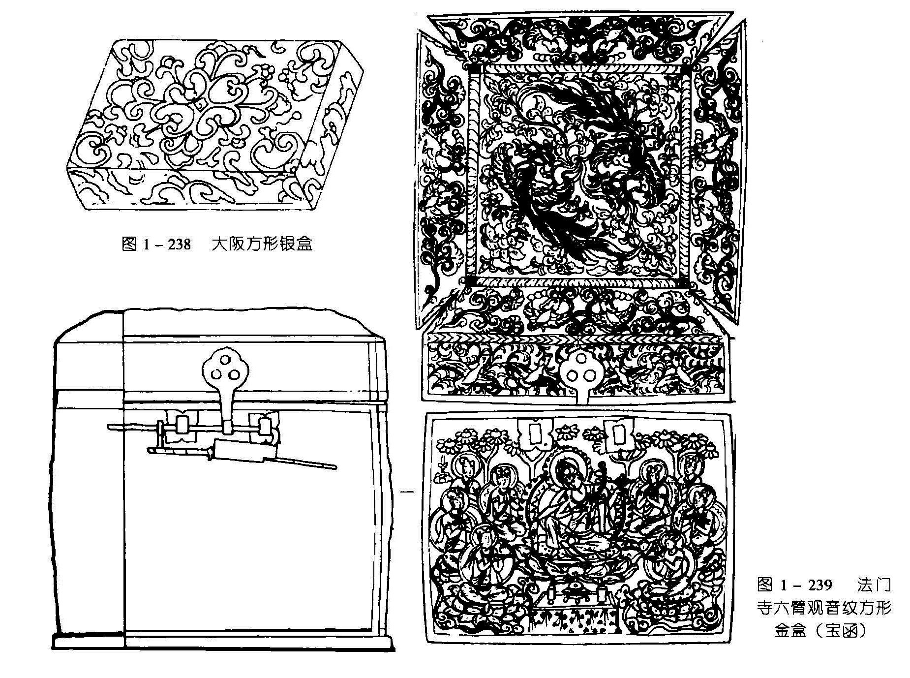 图1-238 大阪方形银盒 图1-239 法门 寺六臂观音纹方形 金盒(宝函)