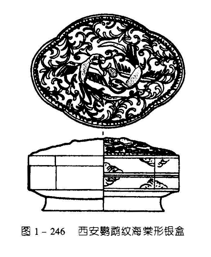 图 1-246 西安鹦鹉纹海棠形银盒