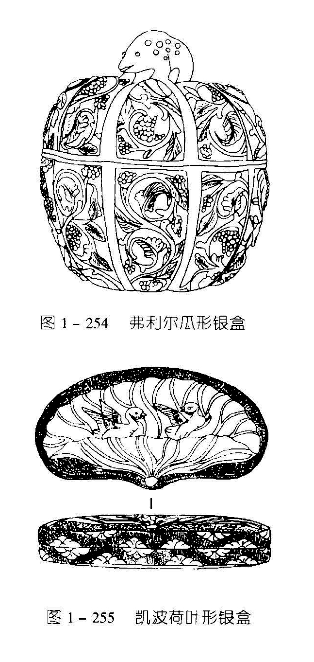 图1-254 弗利尔瓜形根盒 图1−255 凯波荷叶形银盒