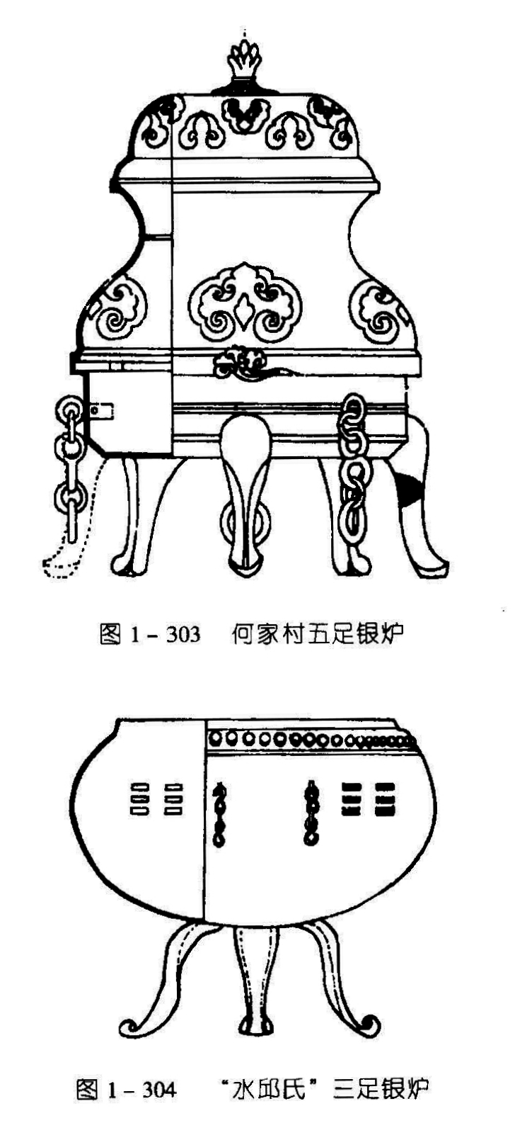 图 1 - 303 何家村五足银炉 图1-304 “水邱氏”三足银炉